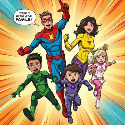 Famille en costumes de super-héros