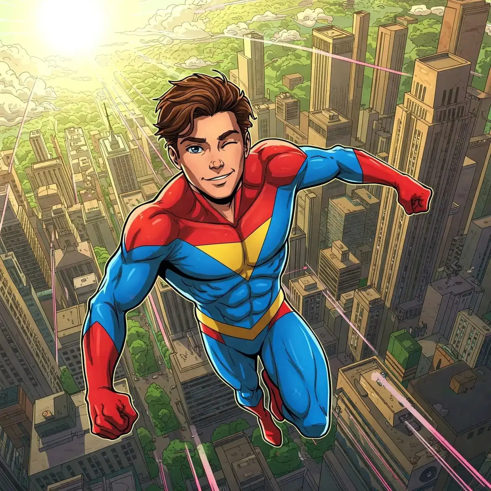 Image de super-héros de la page d'accueil Super héros en costume qui vole au dessus d'une ville